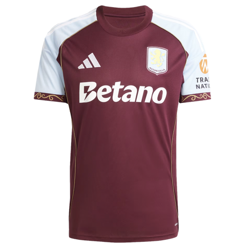 Front view of an Adidas Aston Villa home football jersey in claret and sky blue. Features the club crest, Adidas logo, Betano sponsor, and decorative sleeve cuffs.