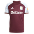 Front view of an Adidas Aston Villa home football jersey in claret and sky blue. Features the club crest, Adidas logo, Betano sponsor, and decorative sleeve cuffs.