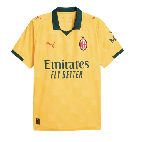 Yellow AC Milan football jersey with dark green collar and cuffs, featuring the club crest, red Puma logo, and dark green "Emirates FLY BETTER" sponsor text.