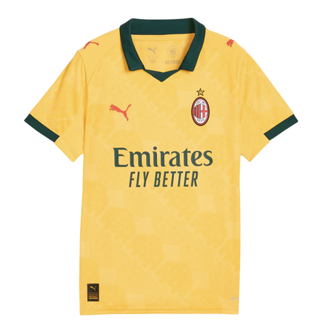 Yellow AC Milan soccer jersey with dark green collar and cuffs. Features the club crest, Puma logos, and dark green "Emirates FLY BETTER" sponsor text on the chest.