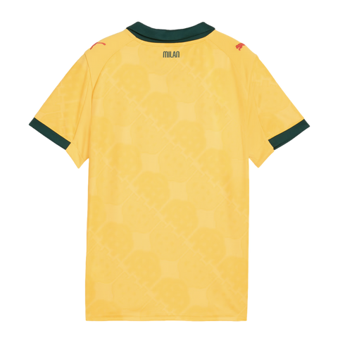 Back view of a yellow Puma soccer jersey with dark green trim on the collar and sleeves. Features red Puma logos on the shoulders and "MILAN" printed on the upper back.