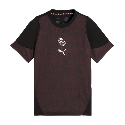 Maroon Puma t-shirt with black sleeves and a subtle topographic pattern. Features white CP and Puma logos centered on the chest.