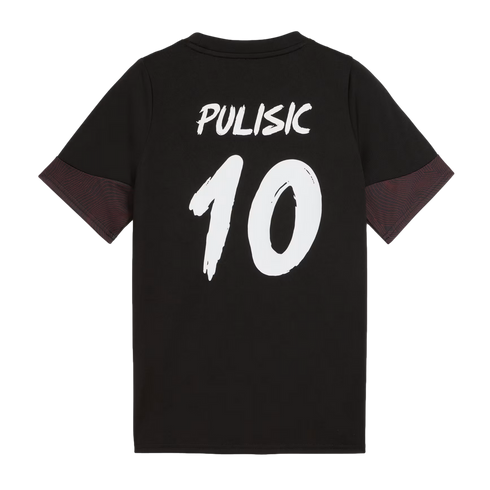 Back of a black jersey featuring the name "PULISIC" and the number "10" in white brush-stroke lettering. The sleeves have dark reddish-brown patterned panels.