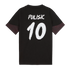 Back of a black jersey featuring the name "PULISIC" and the number "10" in white brush-stroke lettering. The sleeves have dark reddish-brown patterned panels.