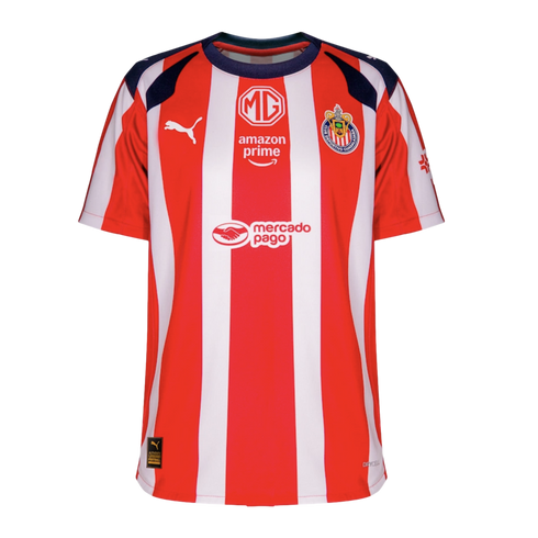 Red and white striped Chivas soccer jersey with navy accents, featuring Puma logo, team crest, and sponsor logos like MG and Amazon Prime.
