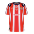 Red and white striped Chivas soccer jersey with navy accents, featuring Puma logo, team crest, and sponsor logos like MG and Amazon Prime.