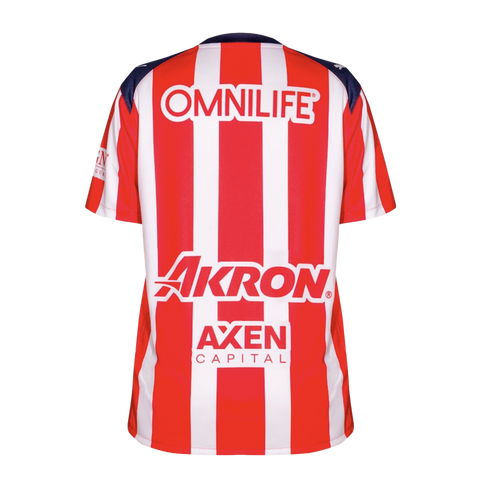 Back view of a red and white vertically striped soccer jersey with OMNILIFE, Akron, and AXEN CAPITAL logos. Dark blue accents highlight the shoulders.