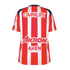 Back view of a red and white vertically striped soccer jersey with OMNILIFE, Akron, and AXEN CAPITAL logos. Dark blue accents highlight the shoulders.