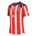 Red and white striped Chivas soccer jersey featuring Puma, MG, Amazon Prime, and Mercado Pago logos, with navy blue collar accents.