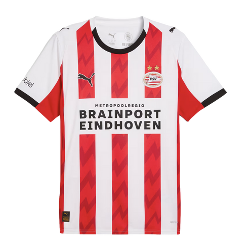 Red and white striped PSV Eindhoven home jersey by Puma. Features a zig-zag pattern in the stripes, team crest, and "Brainport Eindhoven" sponsor text across the center.