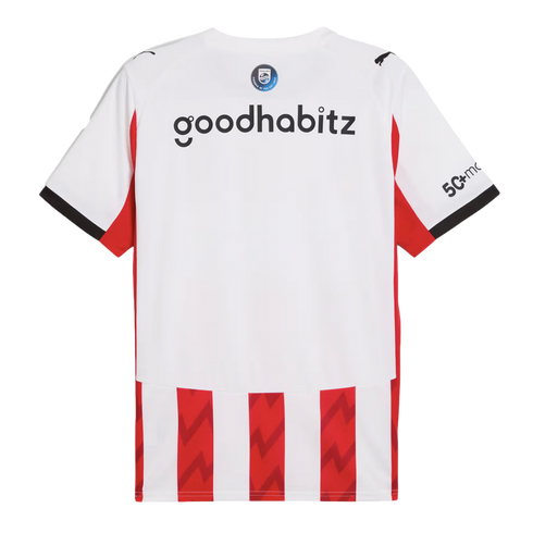 Back view of a white soccer jersey with red and white vertical stripes at the bottom and "goodhabitz" text across the back.