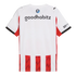 Back view of a white soccer jersey with red and white vertical stripes at the bottom and "goodhabitz" text across the back.