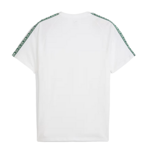 Back view of a white short-sleeve T-shirt featuring green patterned tape along the shoulders and sleeves.