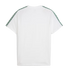 Back view of a white short-sleeve T-shirt featuring green patterned tape along the shoulders and sleeves.