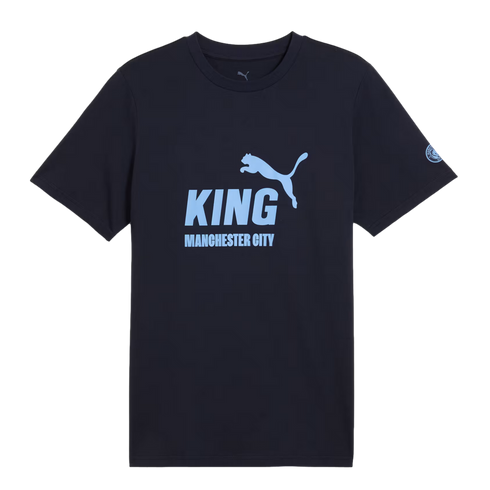Navy blue Puma t-shirt with a light blue "KING MANCHESTER CITY" graphic and puma logo on the front. A small club crest is on the left sleeve.