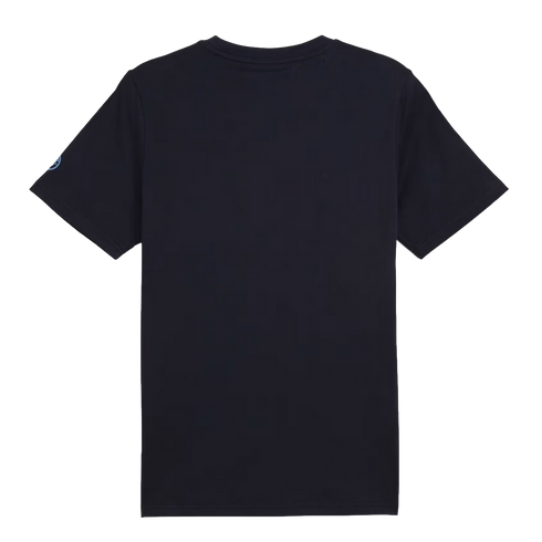 Back view of a dark navy blue short-sleeved crew-neck t-shirt with a small light blue circular logo on the left sleeve.