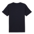 Back view of a dark navy blue short-sleeved crew-neck t-shirt with a small light blue circular logo on the left sleeve.