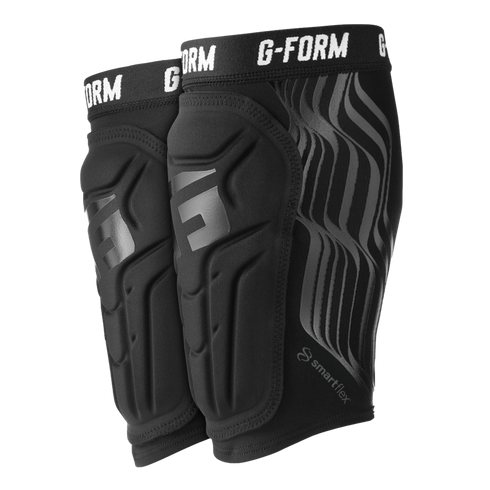 A pair of black G-FORM athletic protective sleeves featuring SmartFlex segmented padding and wavy gray design patterns on the sides.
