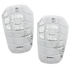 A pair of white G-FORM soccer shin guards with silver metallic graphics and SmartFlex branding.