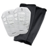 A pair of white G-Form soccer shin guards with silver graphics and two black mesh sleeves on a black background.