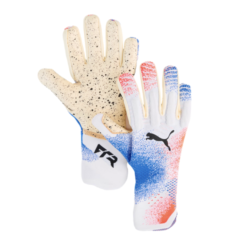 White Puma goalkeeper gloves with blue and red pixelated spray designs. One glove shows the speckled cream palm, the other shows the black Puma logo.