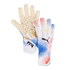 White Puma goalkeeper gloves with blue and red pixelated spray designs. One glove shows the speckled cream palm, the other shows the black Puma logo.