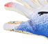 Close-up of a Puma goalkeeper glove with a white and blue speckled knit backhand and a cream-colored palm with black speckles and "4MM ELITE + DUAL GRIP" text.