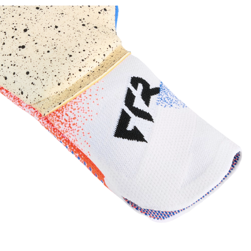 Close-up of a goalkeeper glove with a white knit wrist cuff featuring a black logo and a speckled tan palm, set against a black background.