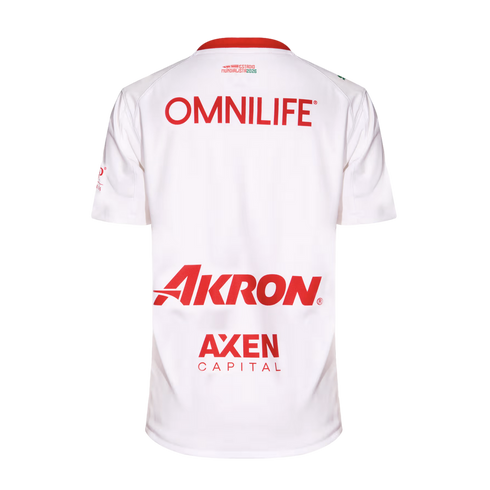 Back of a white soccer jersey with red sponsor logos for OMNILIFE, Akron, and AXEN CAPITAL. Small text at the neck reads "ESTADIO MUNDIALISTA 2026".
