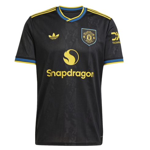 Black Manchester United football jersey with yellow and blue trim. Features the Snapdragon sponsor logo, Adidas trefoil, and club crest on a subtly patterned black fabric.