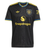 Black Manchester United football jersey with yellow and blue trim. Features the Snapdragon sponsor logo, Adidas trefoil, and club crest on a subtly patterned black fabric.