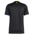 Back view of a black soccer jersey with yellow and blue trim on the collar and sleeves. It features subtle tonal patterns and a small yellow crest at the nape of the neck.