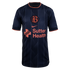Bay FC navy blue Nike jersey with peach accents, circular 'B' crest, and Sutter Health sponsor logo. Tonal vertical patterns decorate the front.
