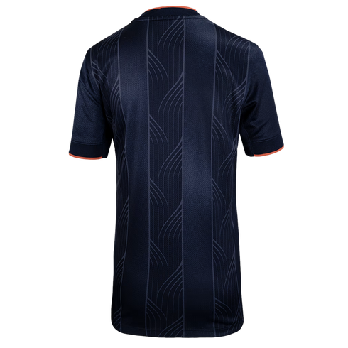 Back view of a navy blue short-sleeved jersey with a tonal vertical geometric pattern and thin orange trim on the collar and cuffs.