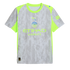 A silver Manchester City soccer jersey featuring a water droplet pattern, neon yellow accents on the shoulders and sides, and the Puma and Etihad Airways logos.