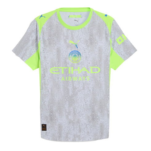 Manchester City Puma jersey in grey with a water droplet pattern and neon green sleeves. Centered team crest and Etihad Airways logo.