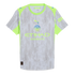 Manchester City Puma jersey in grey with a water droplet pattern and neon green sleeves. Centered team crest and Etihad Airways logo.