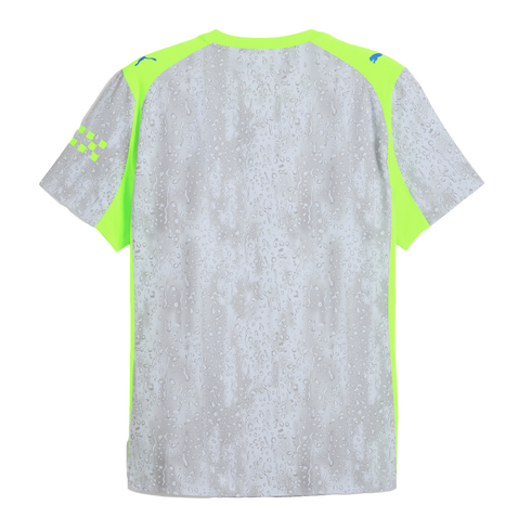 Back view of a grey short-sleeve Puma sports jersey with a rain-droplet pattern, neon green shoulder and side panels, and blue Puma logos on the shoulders.