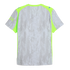 Back view of a grey short-sleeve Puma sports jersey with a rain-droplet pattern, neon green shoulder and side panels, and blue Puma logos on the shoulders.