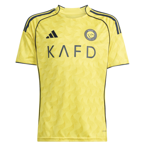 Yellow Al-Nassr FC jersey featuring a tonal wavy pattern, black Adidas logo, club crest, and 'KAFD' sponsor. Accented with black shoulder stripes and side piping.