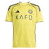 Yellow Al-Nassr FC jersey featuring a tonal wavy pattern, black Adidas logo, club crest, and 'KAFD' sponsor. Accented with black shoulder stripes and side piping.