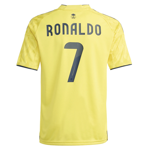 Back of a yellow soccer jersey featuring the name "RONALDO" and the number "7" in dark blue. A small palm tree logo is centered above the name.
