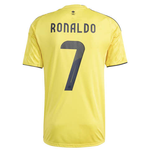 Back view of a yellow soccer jersey with "RONALDO" and the number "7" in dark navy. It features a small palm tree emblem above the name and patterned sleeves.