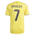 Back view of a yellow soccer jersey with "RONALDO" and the number "7" in dark navy. It features a small palm tree emblem above the name and patterned sleeves.