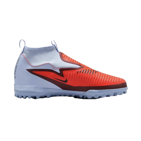 Profile view of a Nike Phantom soccer shoe featuring a white sock collar, orange and red upper, and a light blue textured sole.