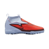 Profile view of a Nike Phantom soccer shoe featuring a white sock collar, orange and red upper, and a light blue textured sole.