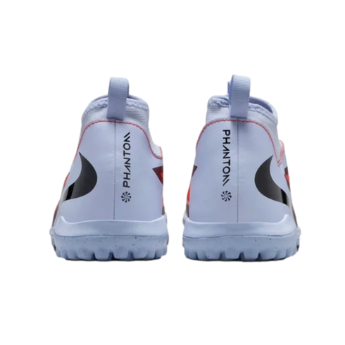 Rear view of two light blue Nike Phantom soccer cleats showing the vertical heel branding and logos against a black background.