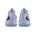 Rear view of two light blue Nike Phantom soccer cleats showing the vertical heel branding and logos against a black background.