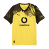 Yellow and black Puma Borussia Dortmund soccer jersey featuring the BVB crest, Vodafone sponsor logo, and abstract graphic patterns on the shoulders.