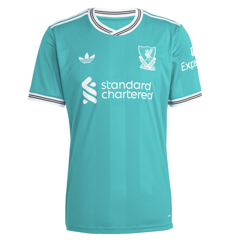 Turquoise Liverpool FC Adidas football jersey with white logos, crest, and sponsors. Features striped black and white collar and sleeve cuffs.